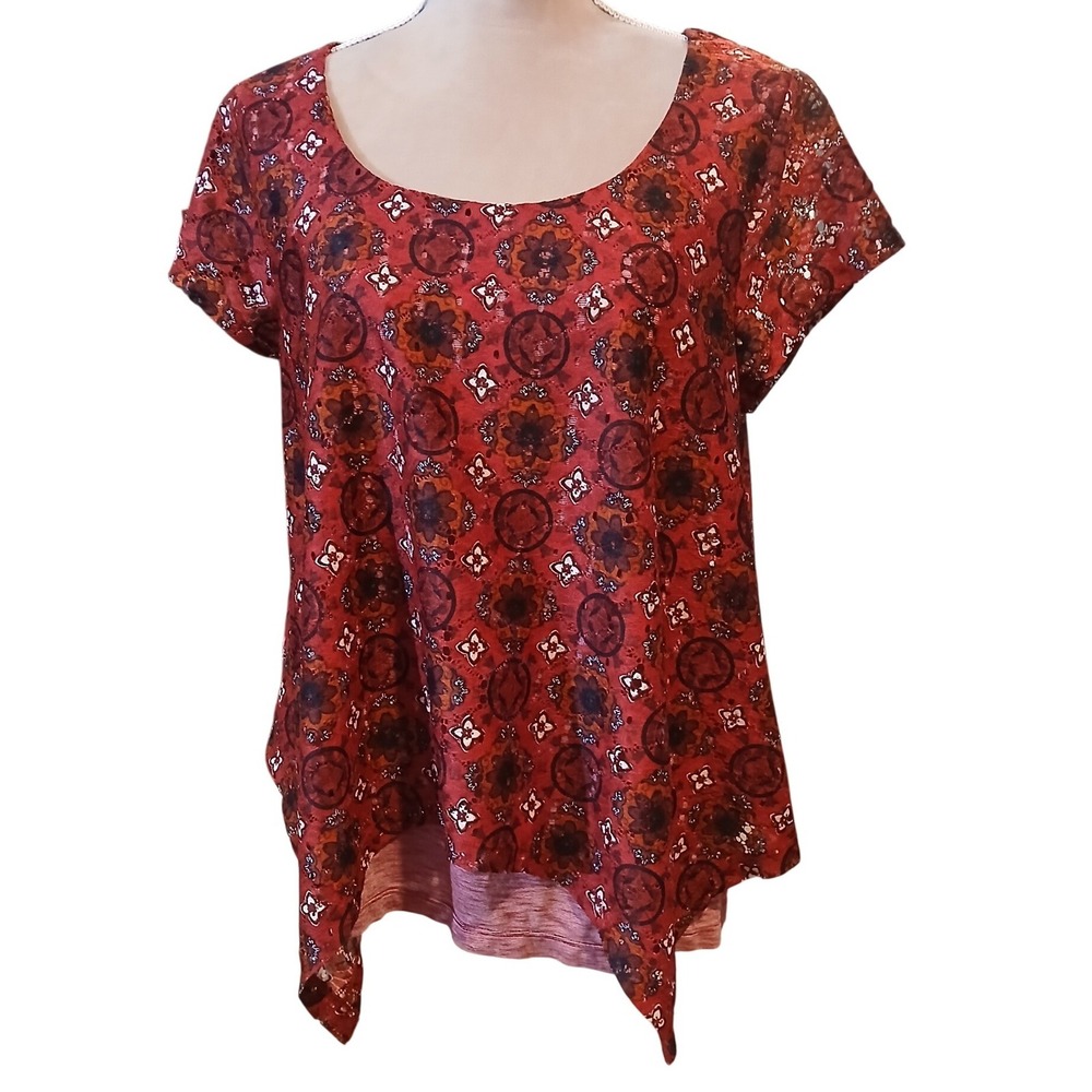 Signature Studio Womens XL Red Medallion Assymetric Layered Top  Boho Summer